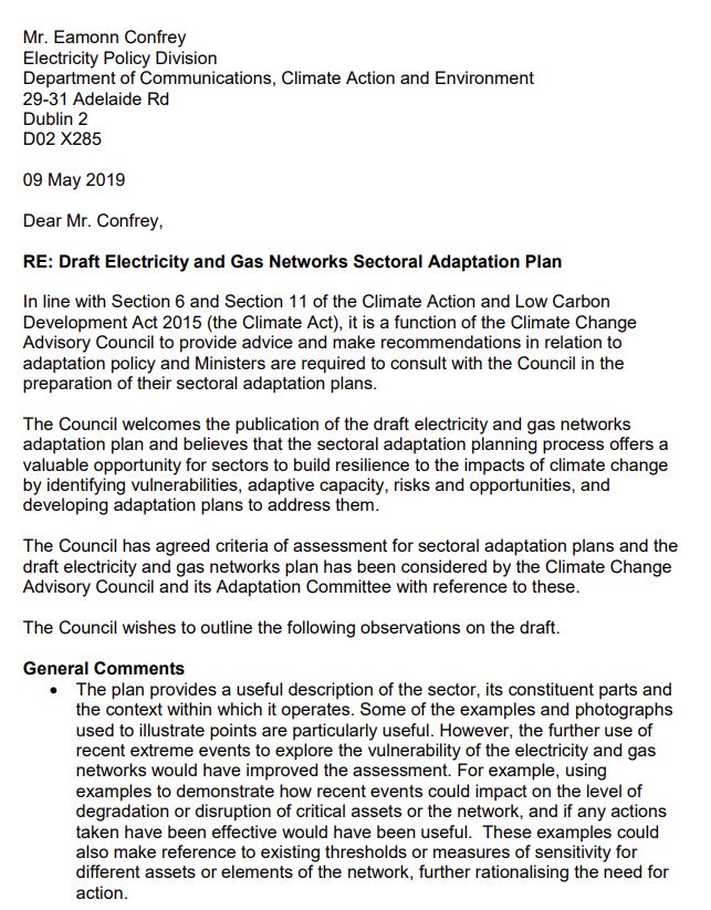 Response to Draft Gas and Electricity Adaptation Plan